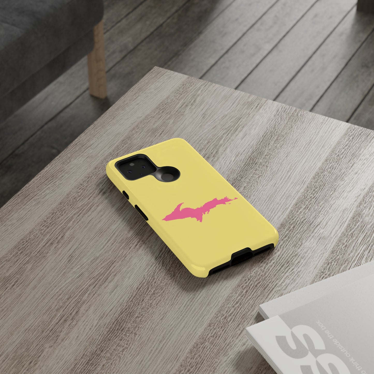 Michigan Upper Peninsula Tough Phone Case (Yellow Cherry Color w/ Pink UP Outline) | Samsung & Pixel Android