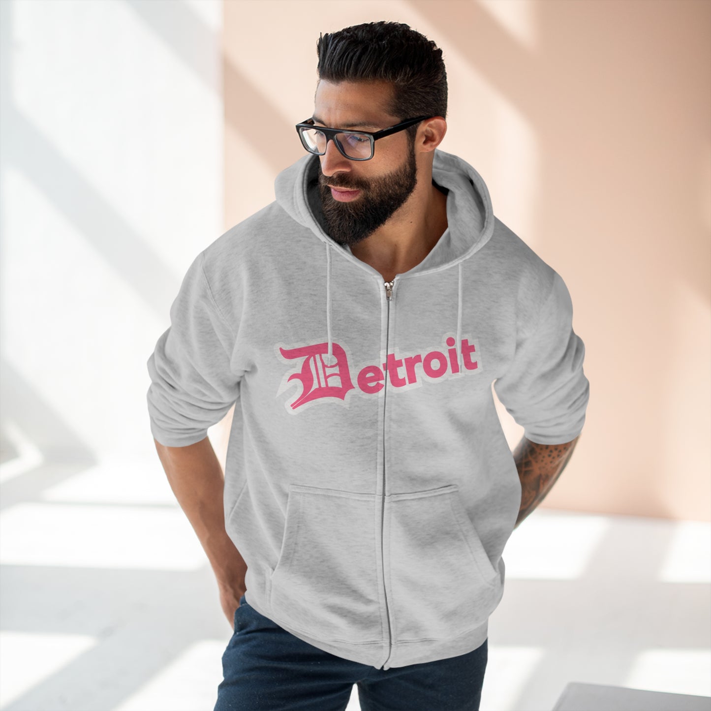 'Detroit' Hoodie (Rhodochrosite Pink w/ Old English 'D') | Unisex Full Zip