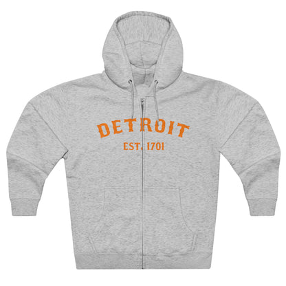 'Detroit EST. 1701' Hoodie (Orange Ballpark Font) | Unisex Full Zip