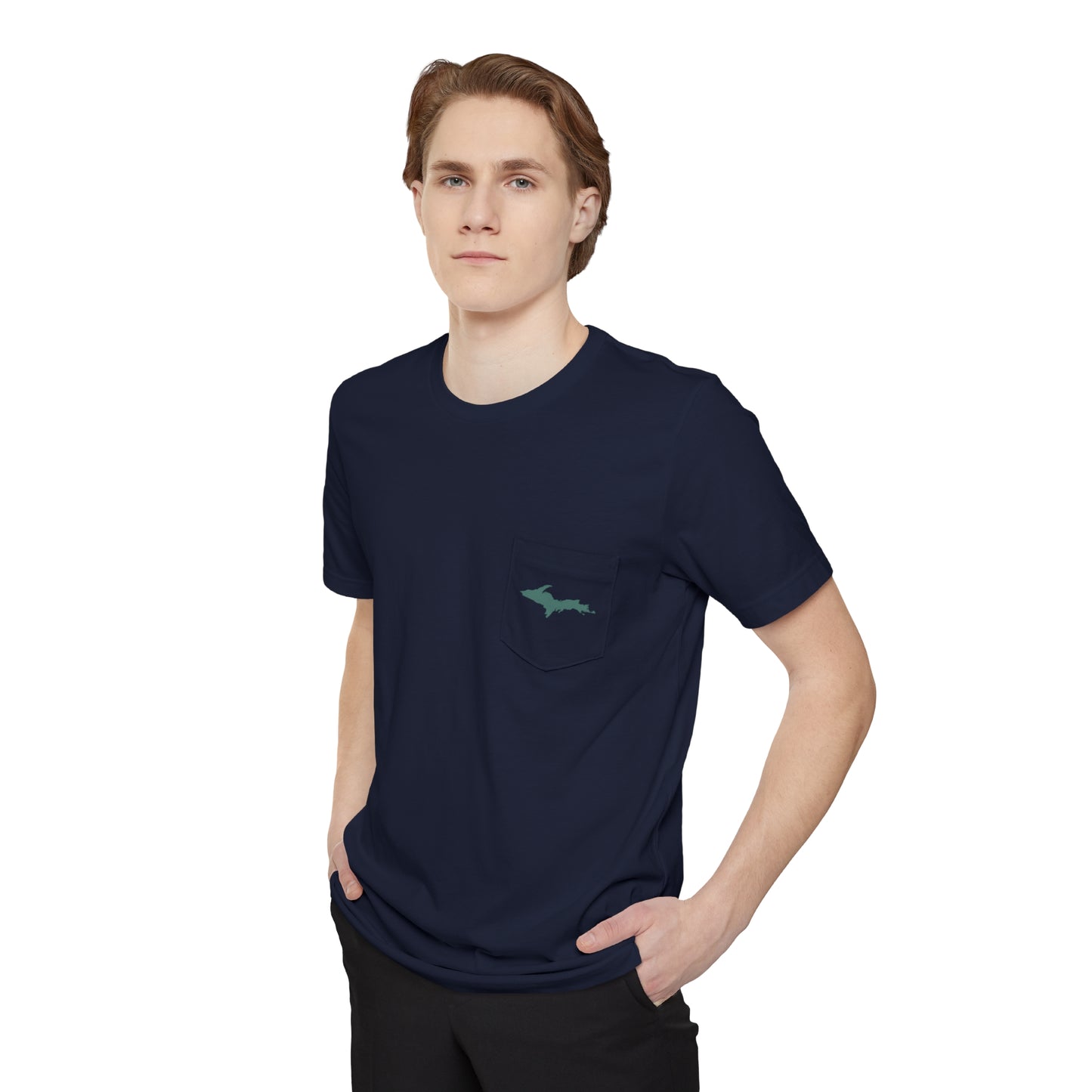 Michigan Upper Peninsula Pocket T-Shirt (w/ Copper Green UP Outline) | Unisex Standard