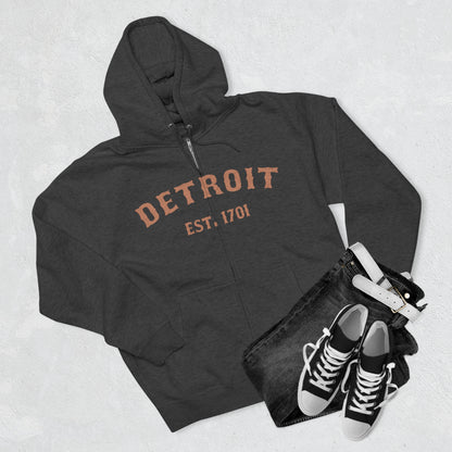 'Detroit EST. 1701' Hoodie (Copper Ballpark Font) | Unisex Full Zip