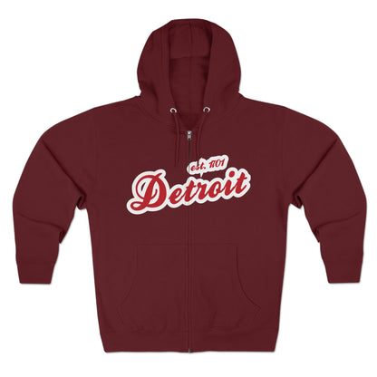 'Detroit EST 1701' Hoodie (Aliform Red Script Font) | Unisex Full Zip