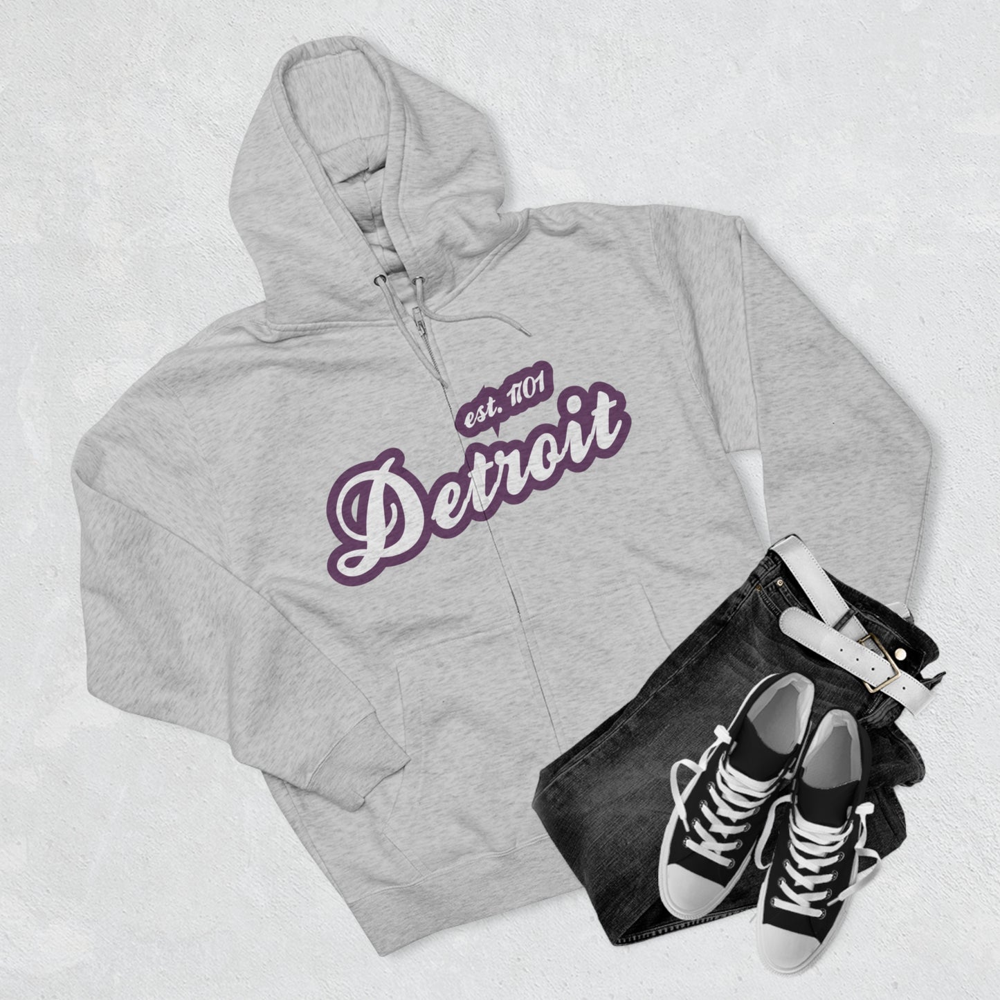 'Detroit EST 1701' Hoodie (Plum Script Font) | Unisex Full Zip