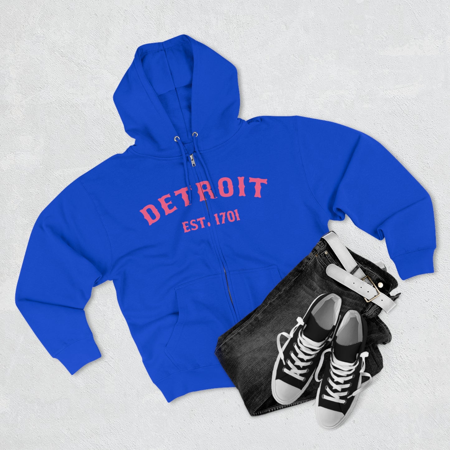 'Detroit EST. 1701' Hoodie (Rhodochrosite Pink Ballpark Font) | Unisex Full Zip