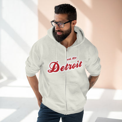 'Detroit EST 1701' Hoodie (Aliform Red Script Font) | Unisex Full Zip