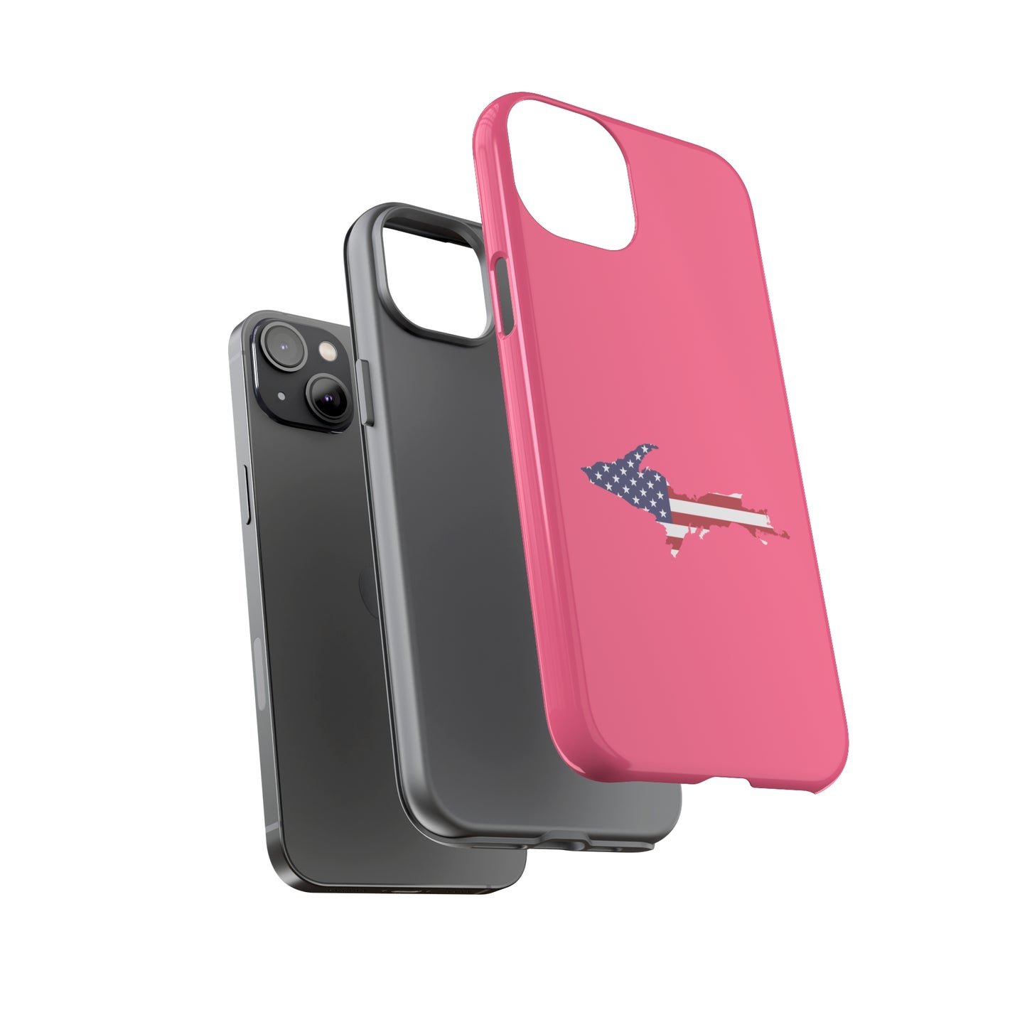 Michigan Upper Peninsula Tough Phone Case (Rhodochrosite Pink w/ UP USA Flag Outline) | Apple iPhone