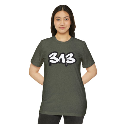 Detroit '313' T-Shirt (White/Black Tag Font) | Unisex Recycled Organic