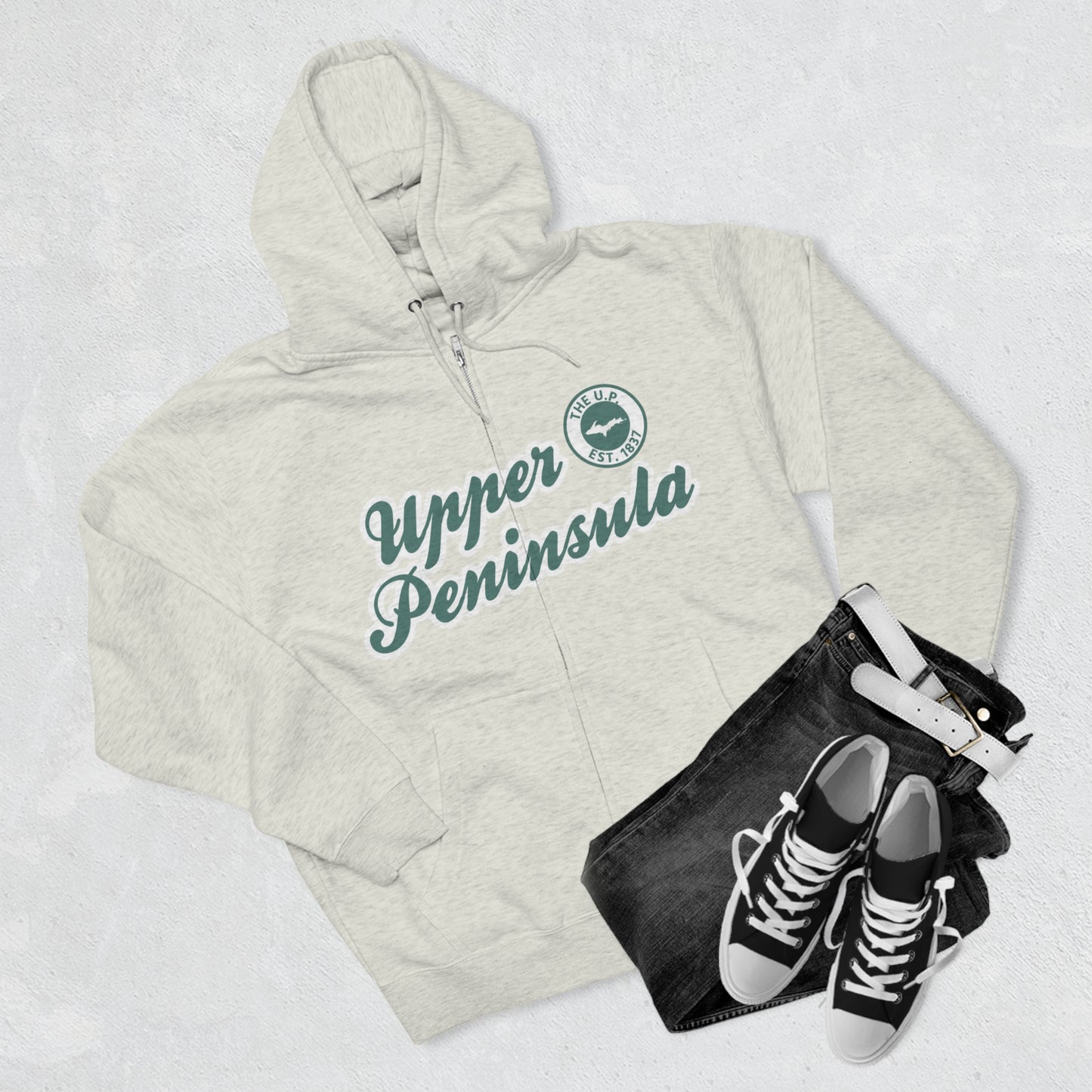 Upper Peninsula EST 1837' Hoodie (Copper Green Script Font) | Unisex Full Zip