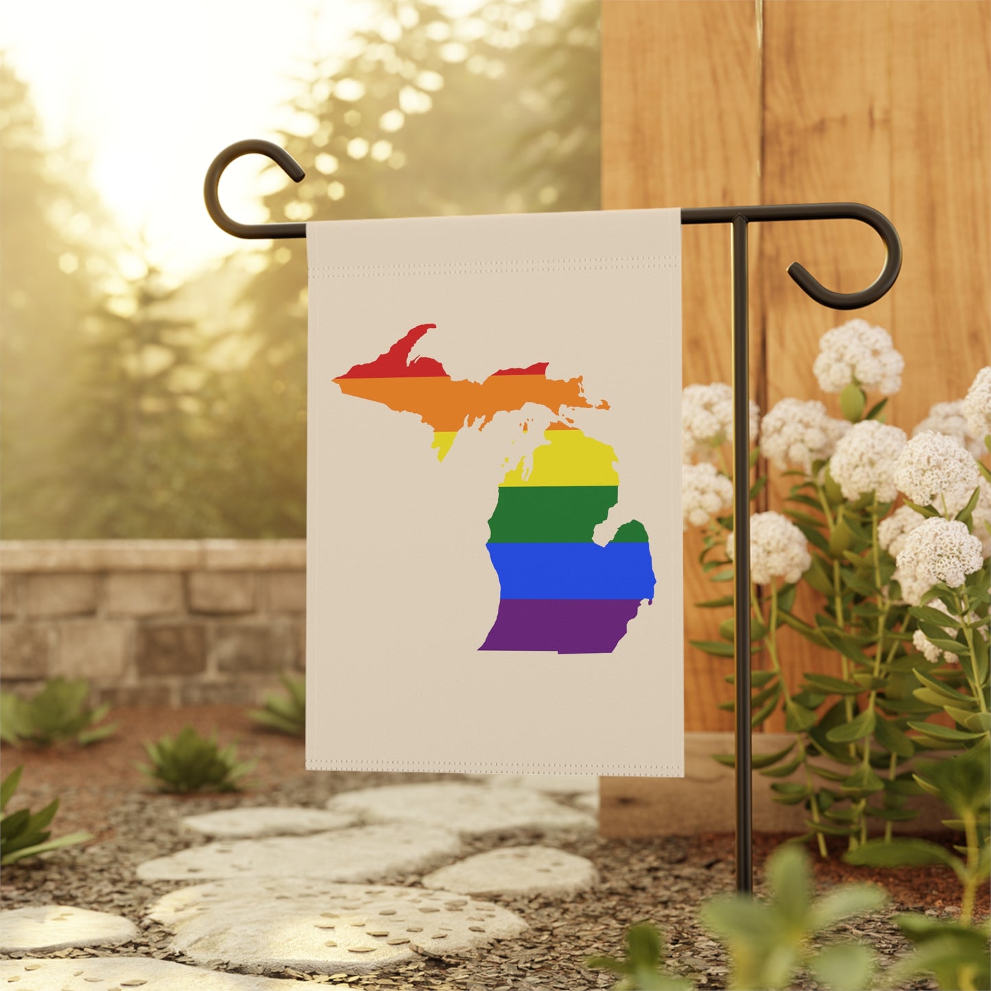 Michigan Rainbow Pride Home & Garden Flag (w/ MI Outline) | Champagne White