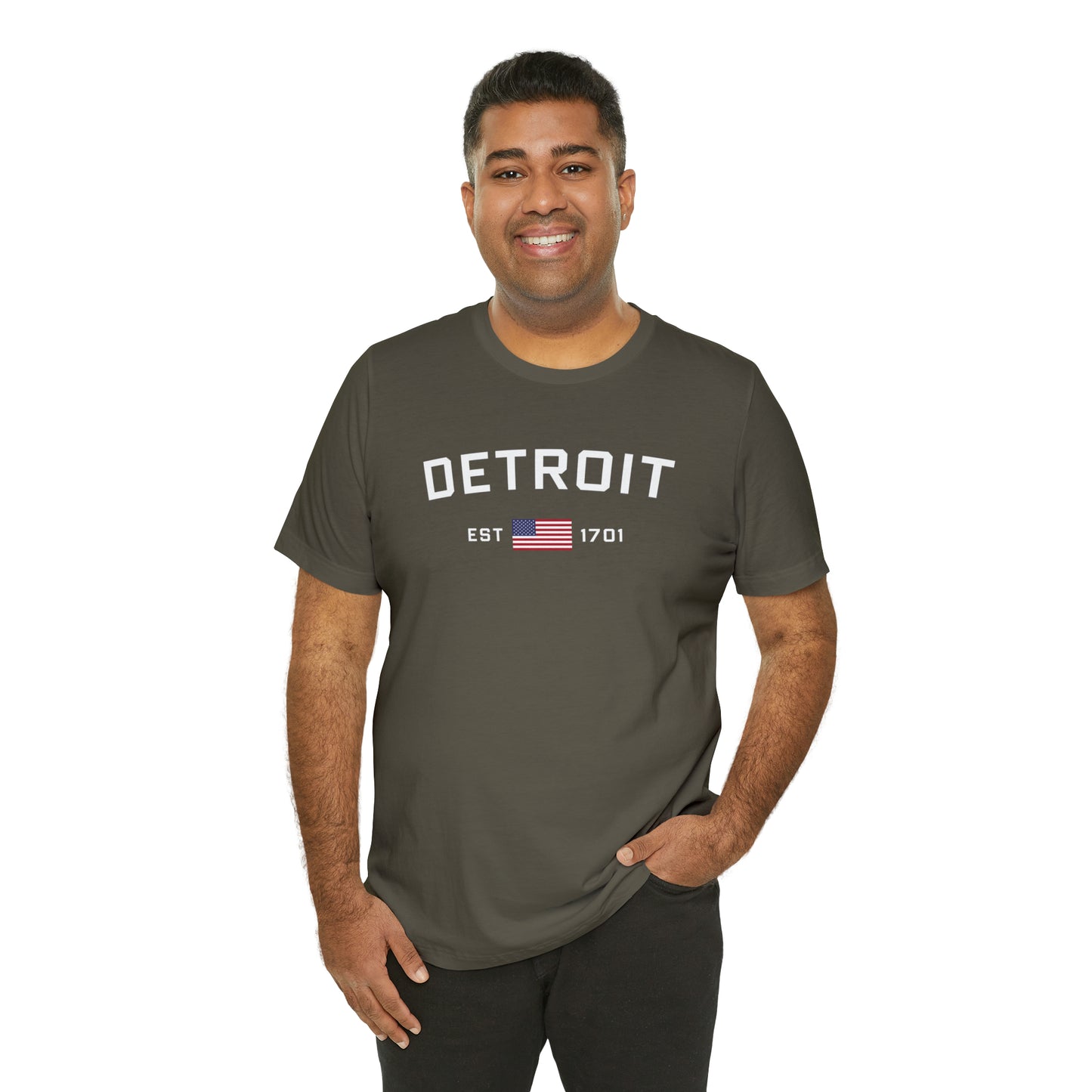 'Detroit EST 1701' T-Shirt (w/ USA Flag Outline) | Unisex Standard Fit