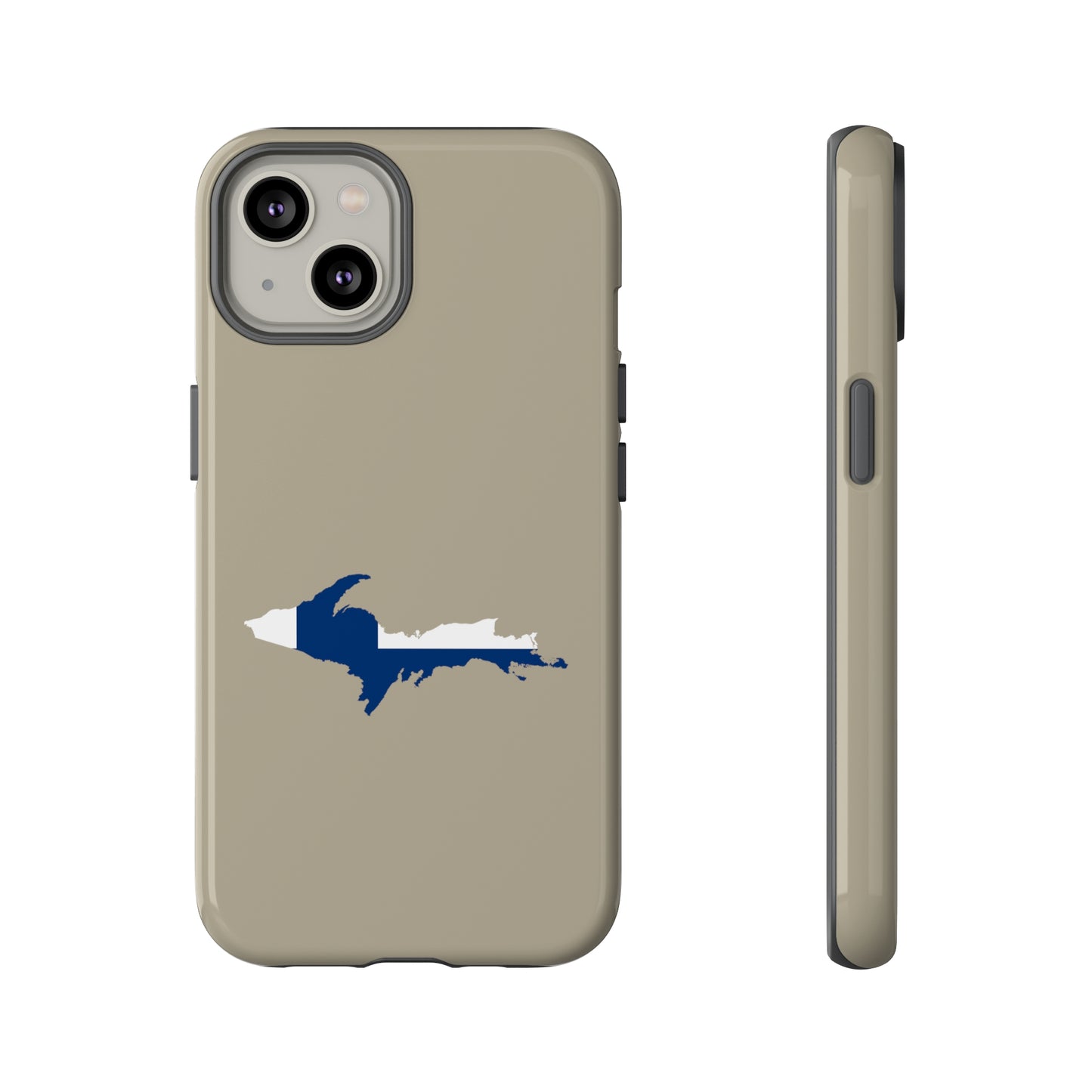 Michigan Upper Peninsula Tough Phone Case (Petoskey Stone Beige w/ UP Finland Flag Outline) | Apple iPhone