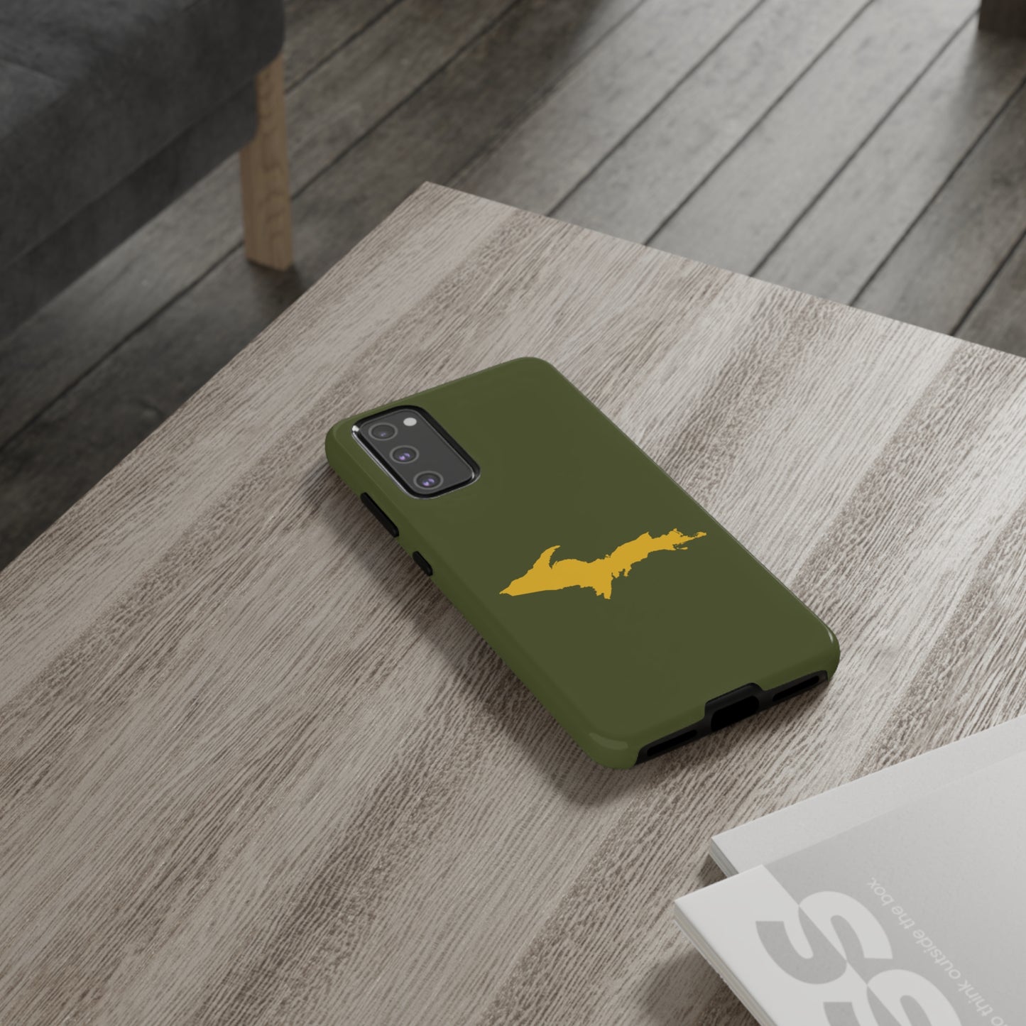 Michigan Upper Peninsula Tough Phone Case (Army Green w/ Gold UP Outline) | Samsung & Pixel Android