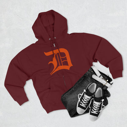 Detroit 'Old English D' Hoodie (Full-Body Maple Leaf Orange) | Unisex Full Zip