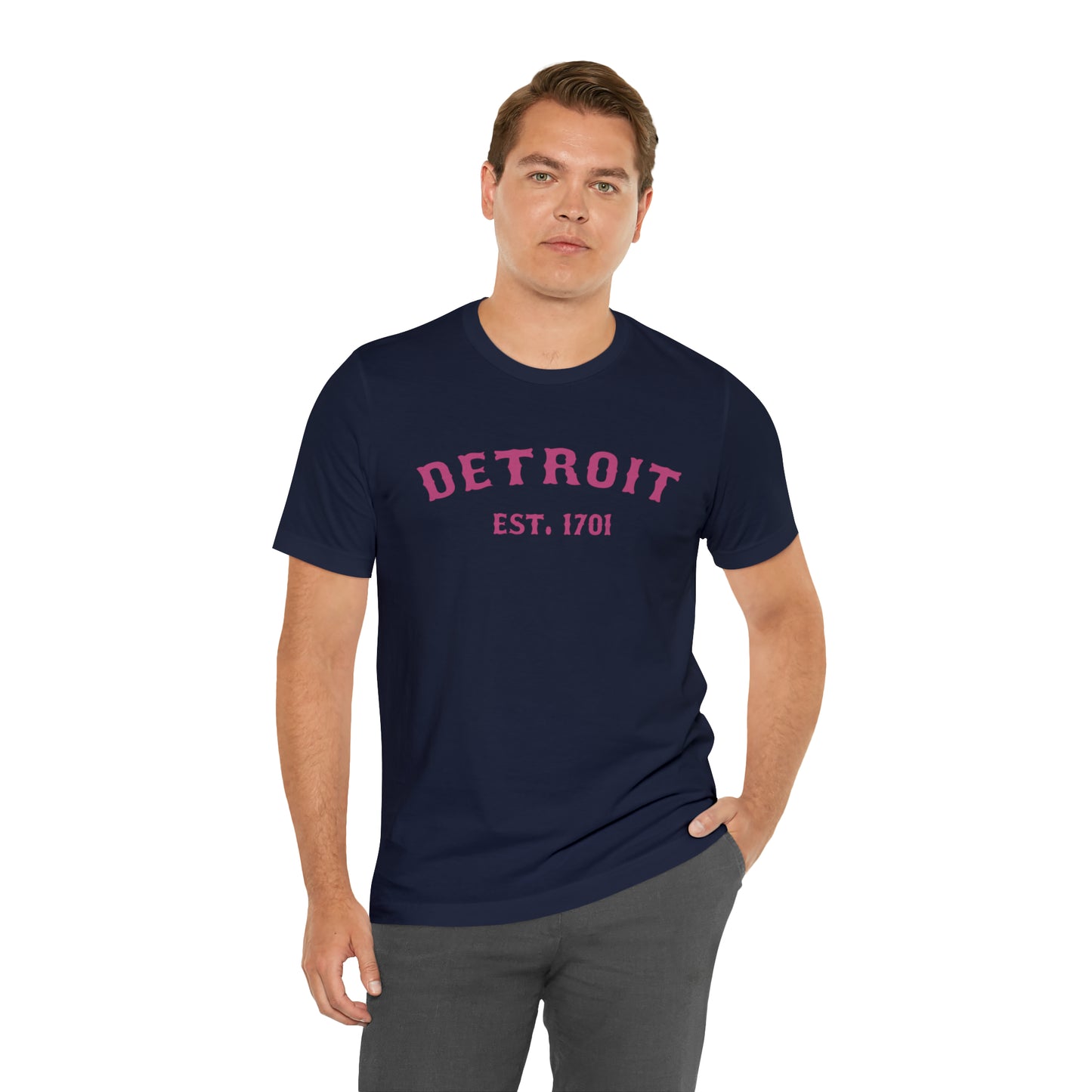 'Detroit EST. 1701' T-Shirt (Apple Blossom Pink Ballpark Font) | Unisex Standard