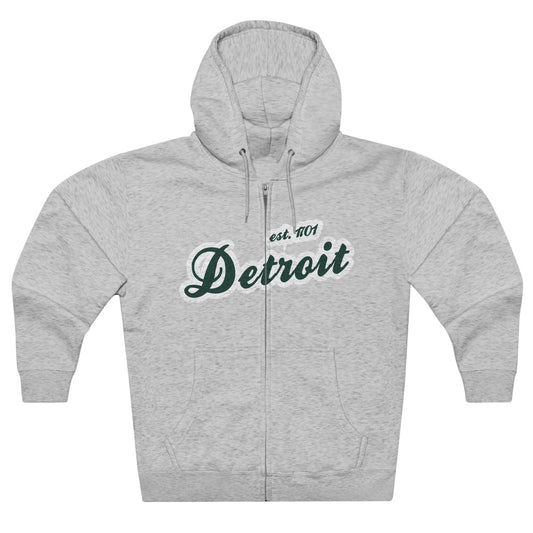 'Detroit EST 1701' Hoodie (Laconic Green Script Font) | Unisex Full Zip