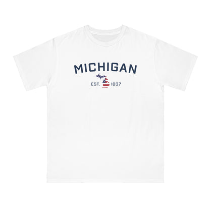 'Michigan EST 1837' T-Shirt (w/ MI USA Flag Outline)| Organic Unisex