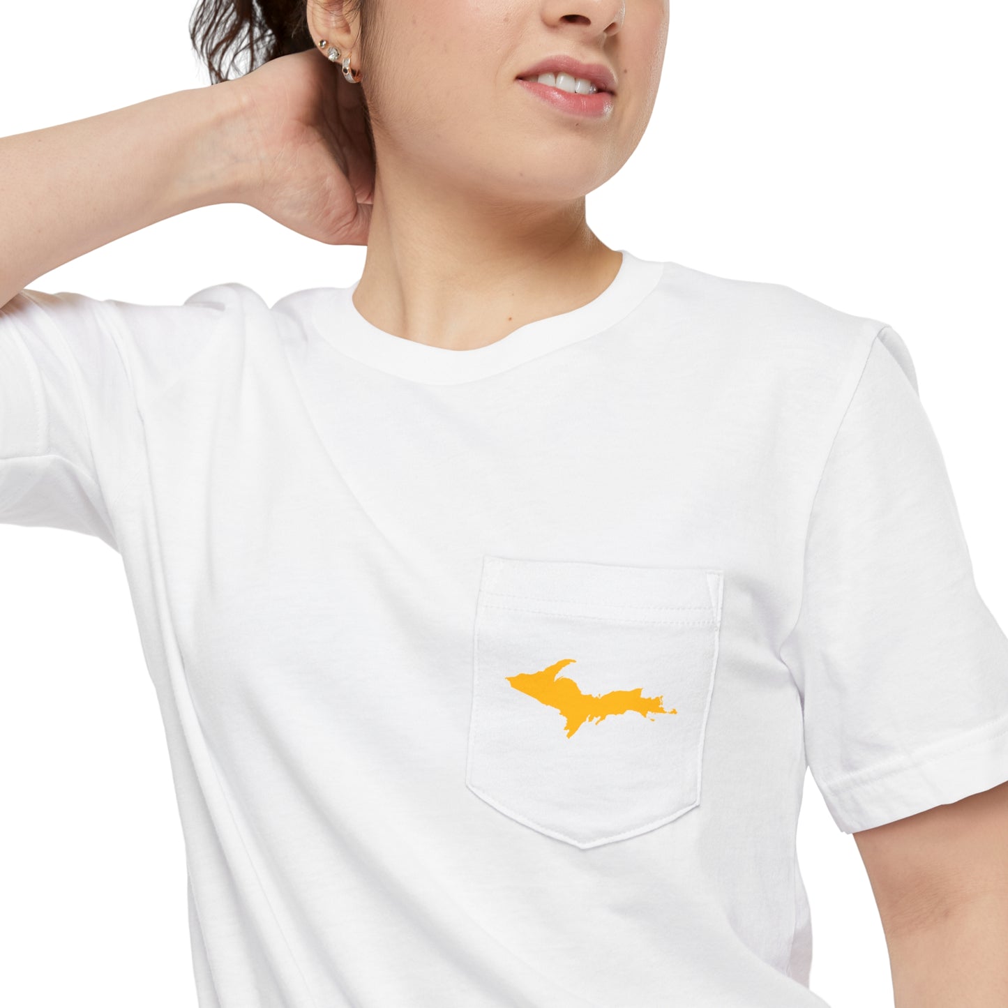 Michigan Upper Peninsula Pocket T-Shirt (w/ Gold UP Outline) | Unisex Standard
