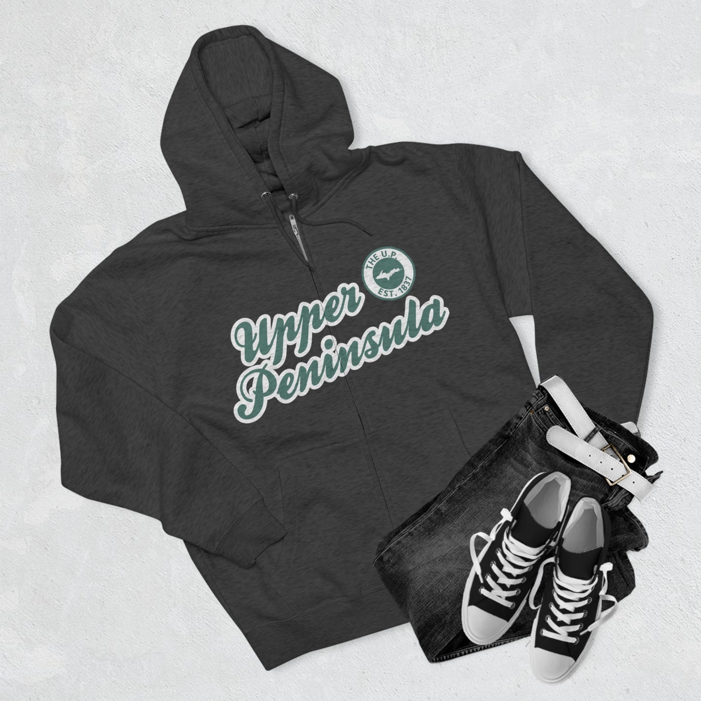 Upper Peninsula EST 1837' Hoodie (Copper Green Script Font) | Unisex Full Zip