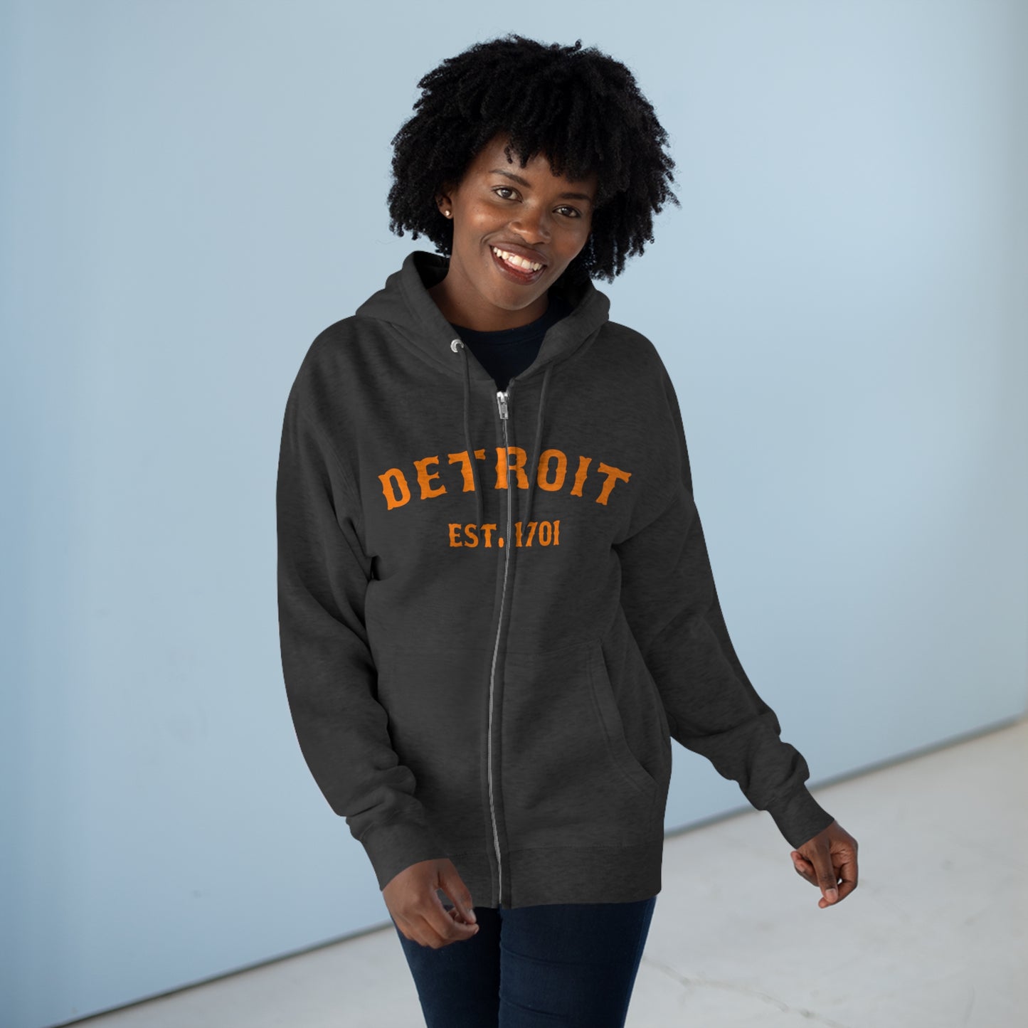 'Detroit EST. 1701' Hoodie (Orange Ballpark Font) | Unisex Full Zip