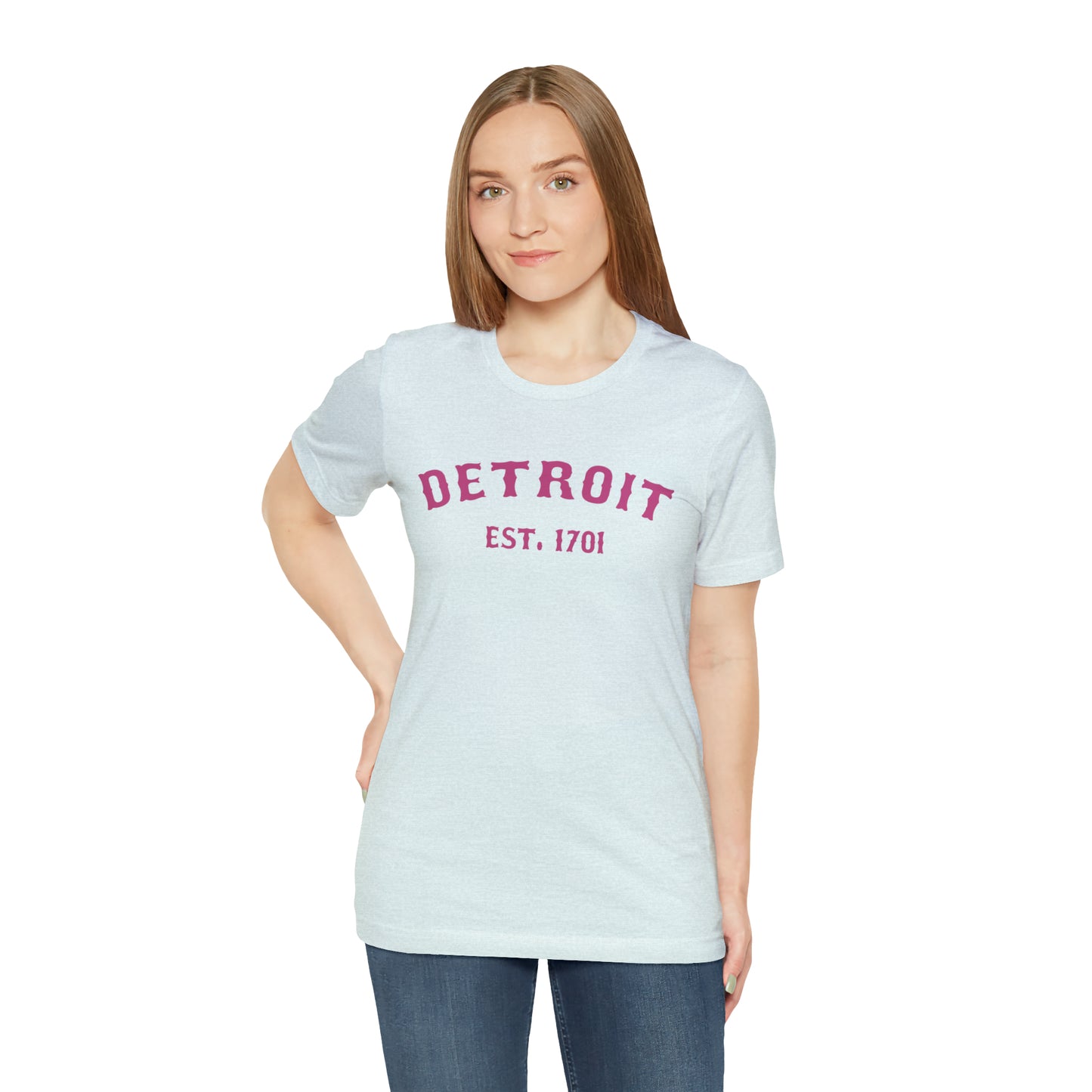 'Detroit EST. 1701' T-Shirt (Apple Blossom Pink Ballpark Font) | Unisex Standard