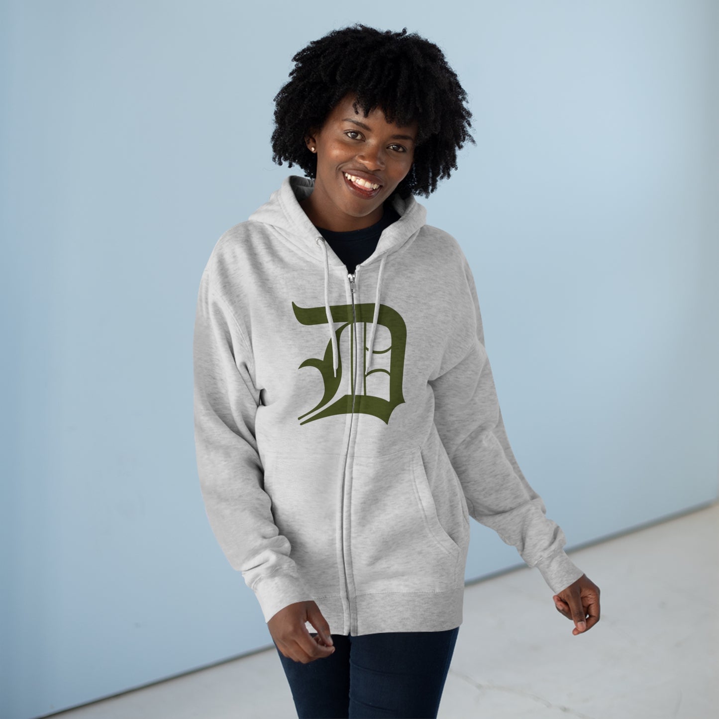 Detroit 'Old English D' Hoodie (Full-Body Army Green) | Unisex Full Zip