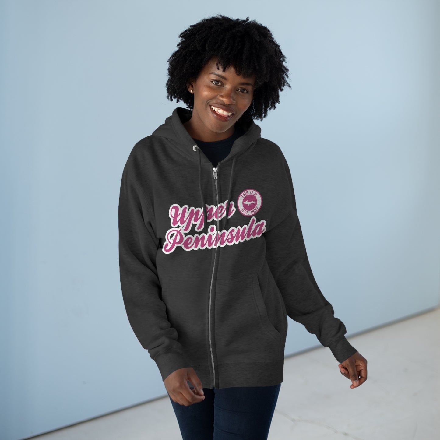 'Upper Peninsula EST 1837' Hoodie (Apple Blossom Pink Script Font) | Unisex Full Zip