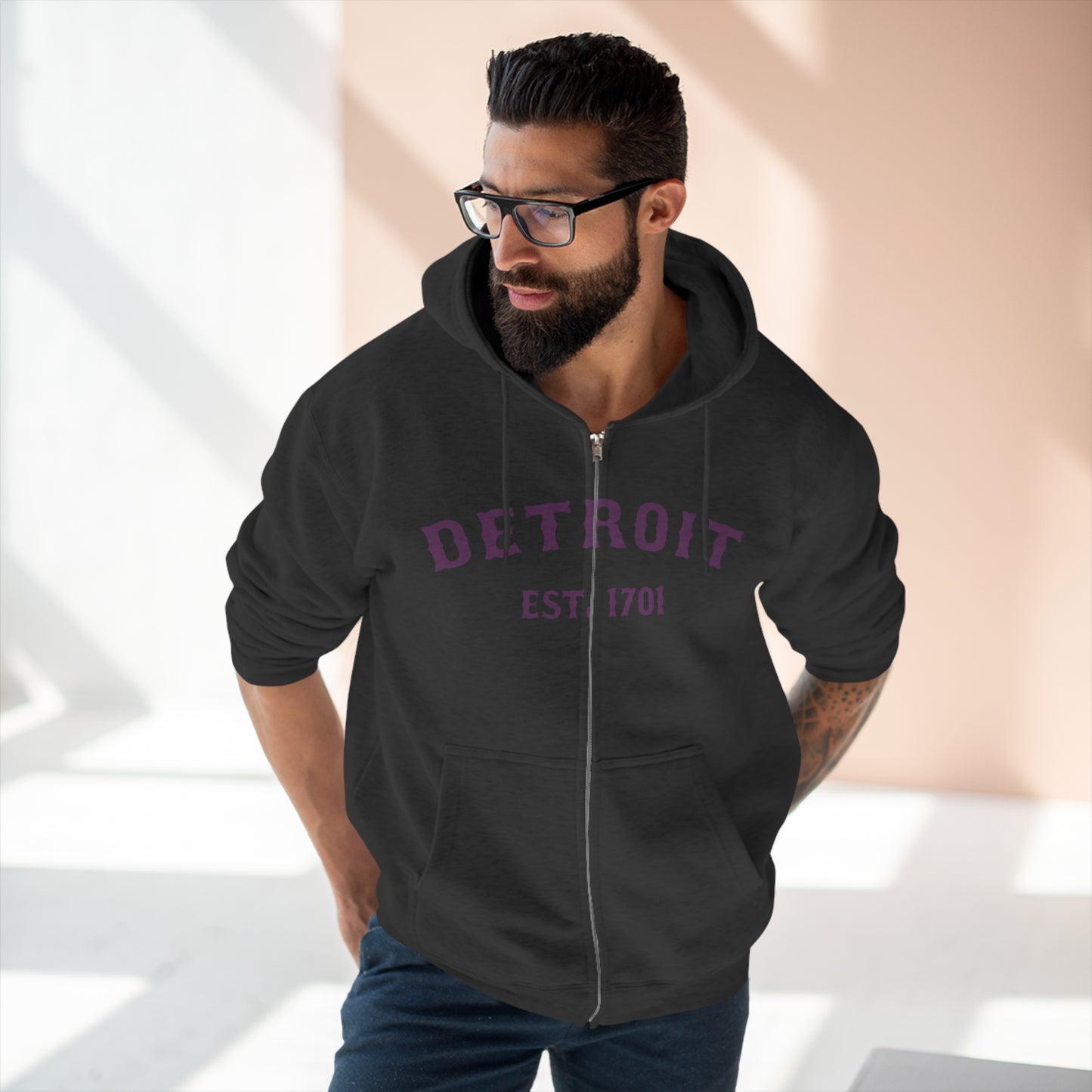 'Detroit EST. 1701' Hoodie (Plum Ballpark Font) | Unisex Full Zip