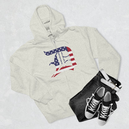 Detroit 'Old English D' Hoodie (Full-Body Patriotic Edition) | Unisex Full Zip