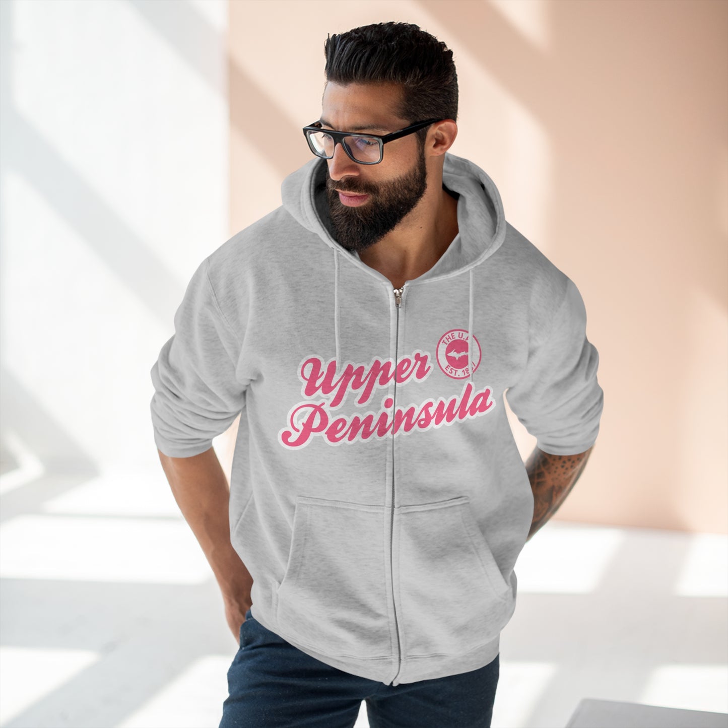 Upper Peninsula EST 1837' Hoodie (Rhodochrosite Pink Script Font) | Unisex Full Zip