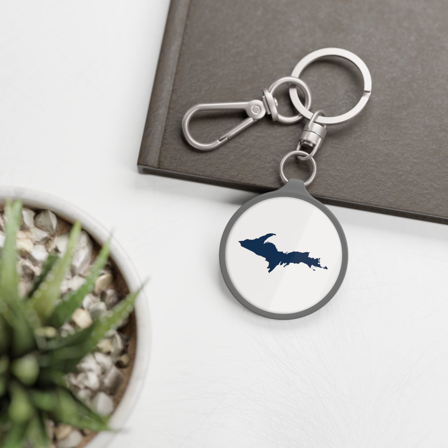 Michigan Upper Peninsula Keyring (w/ Navy UP Outline) | Birch Bark White