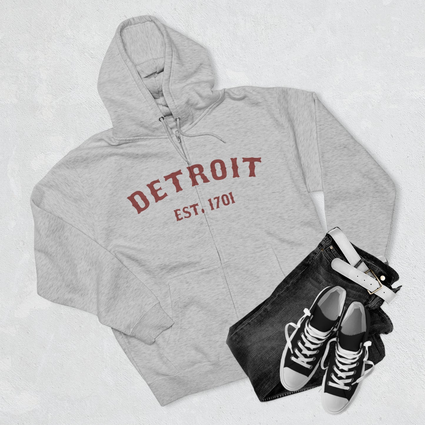 'Detroit EST. 1701' Hoodie (Ore Dock Red Ballpark Font) | Unisex Full Zip