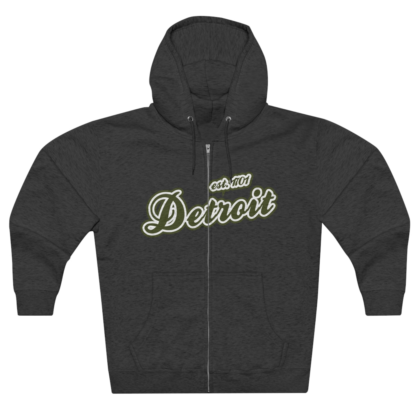 'Detroit EST 1701' Hoodie (Army Green Script Font) | Unisex Full Zip