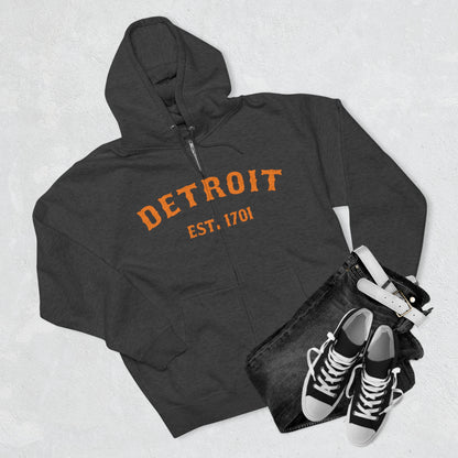 'Detroit EST. 1701' Hoodie (Orange Ballpark Font) | Unisex Full Zip