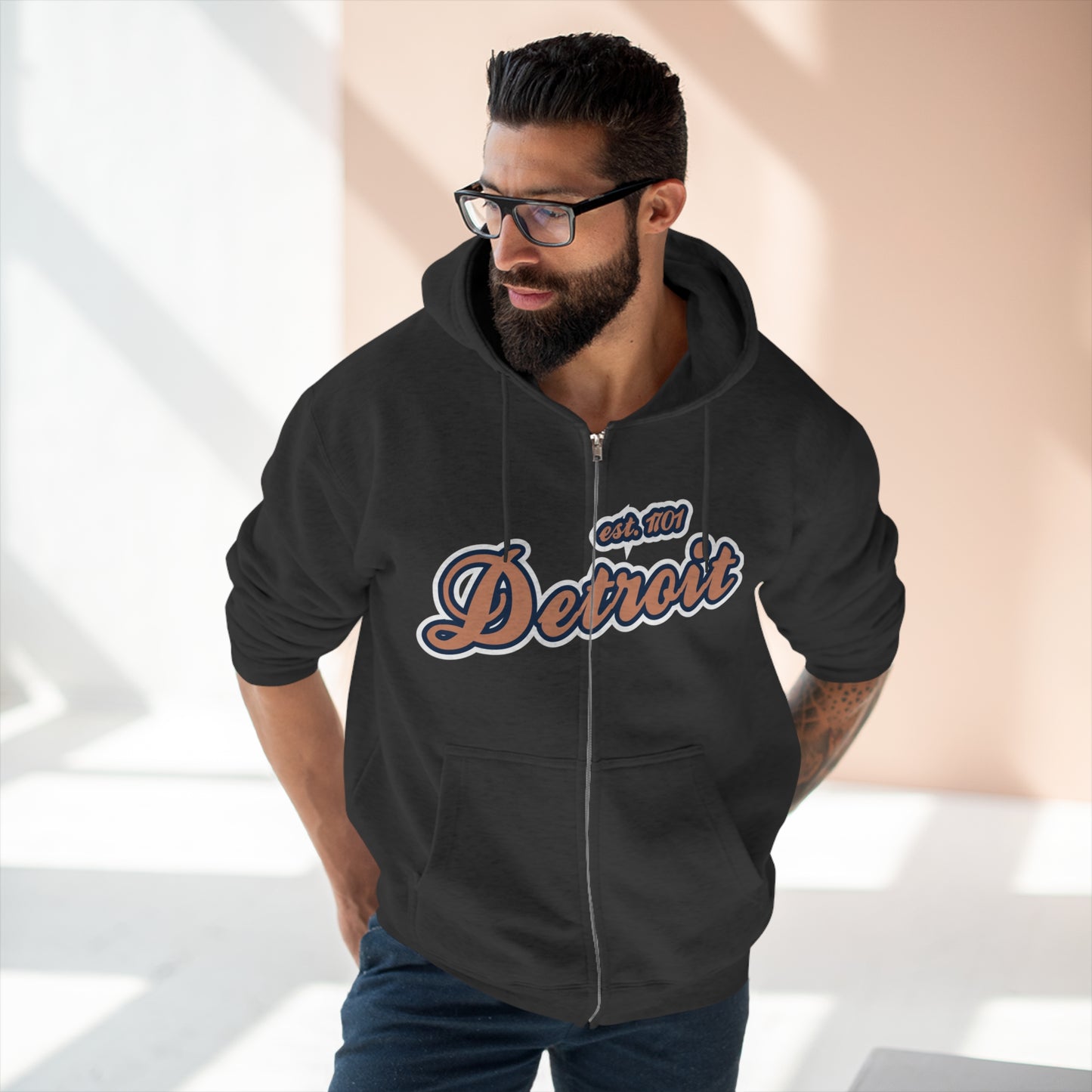 'Detroit EST 1701' Hoodie (Copper Script Font) | Unisex Full Zip