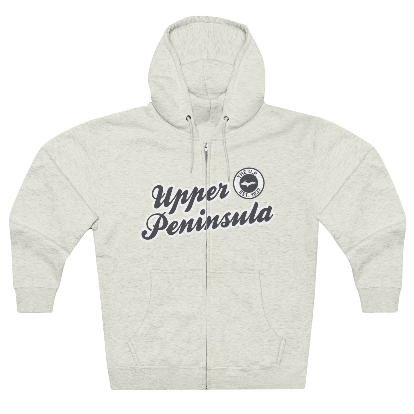 'Upper Peninsula EST 1837' Hoodie (Iron Ore Grey Script Font) | Unisex Full Zip