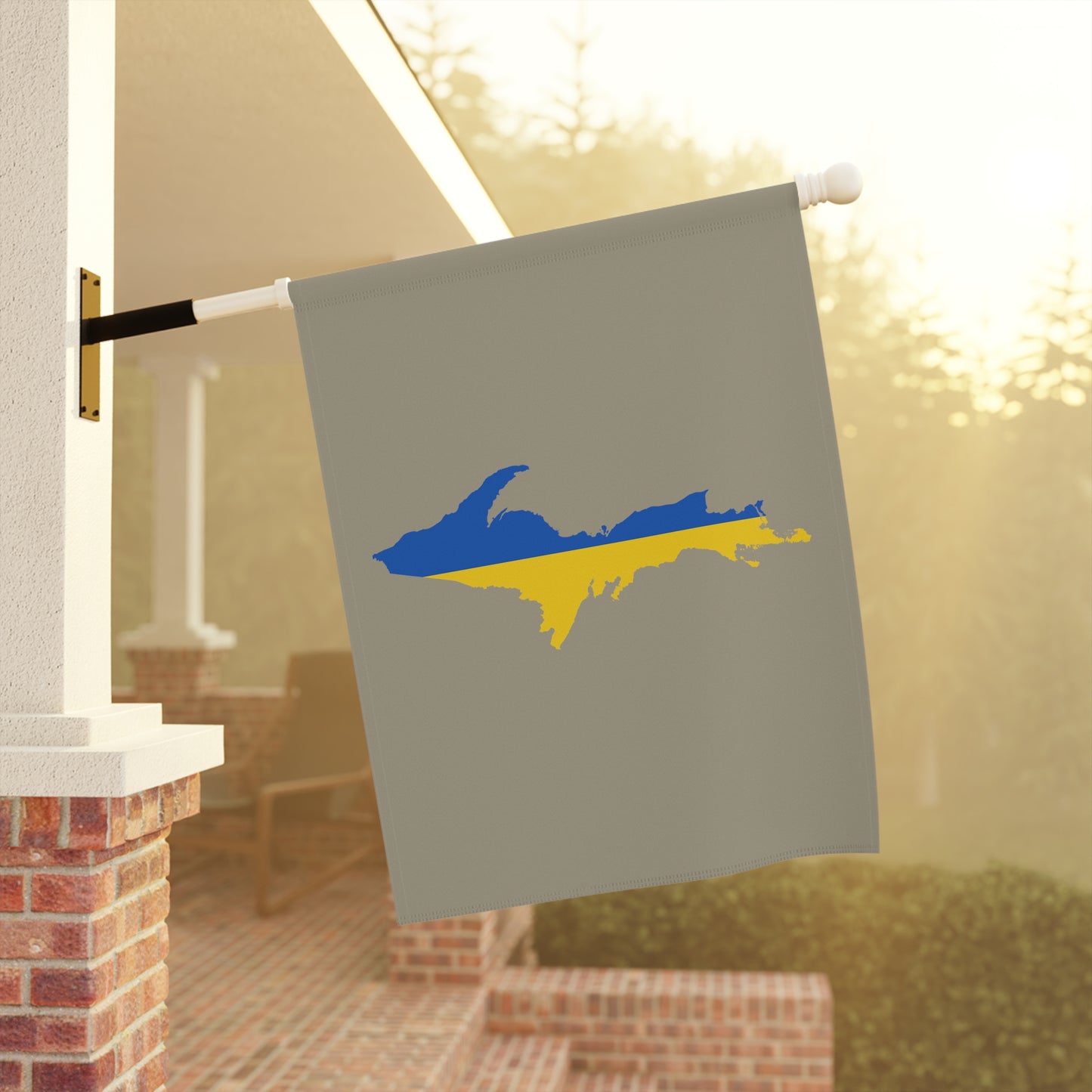 Michigan Upper Peninsula Home & Garden Flag (w/ UP Ukraine Flag) | Petoskey Stone Beige