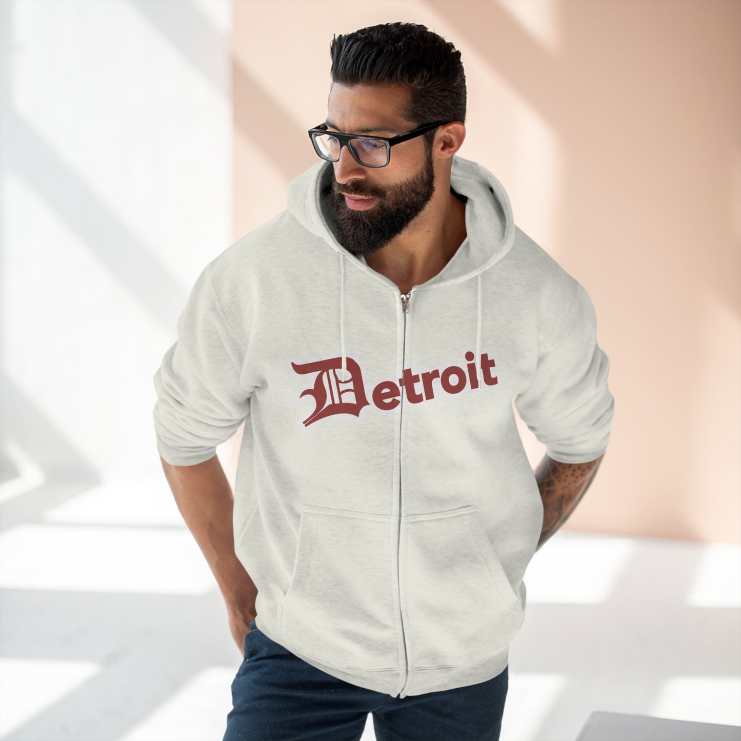 'Detroit' Hoodie (Ore Dock Red w/ Old English 'D') | Unisex Full Zip