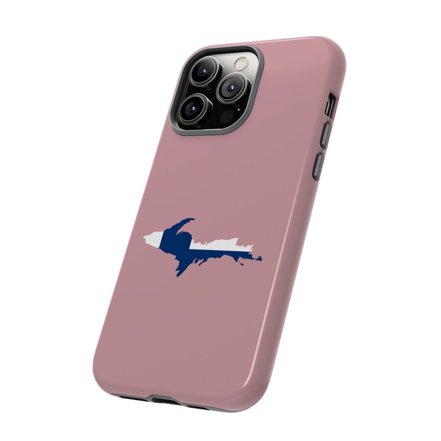 Michigan Upper Peninsula Tough Phone Case (Cherry Blossom Pink w/ UP Finland Flag Outline) | Apple iPhone