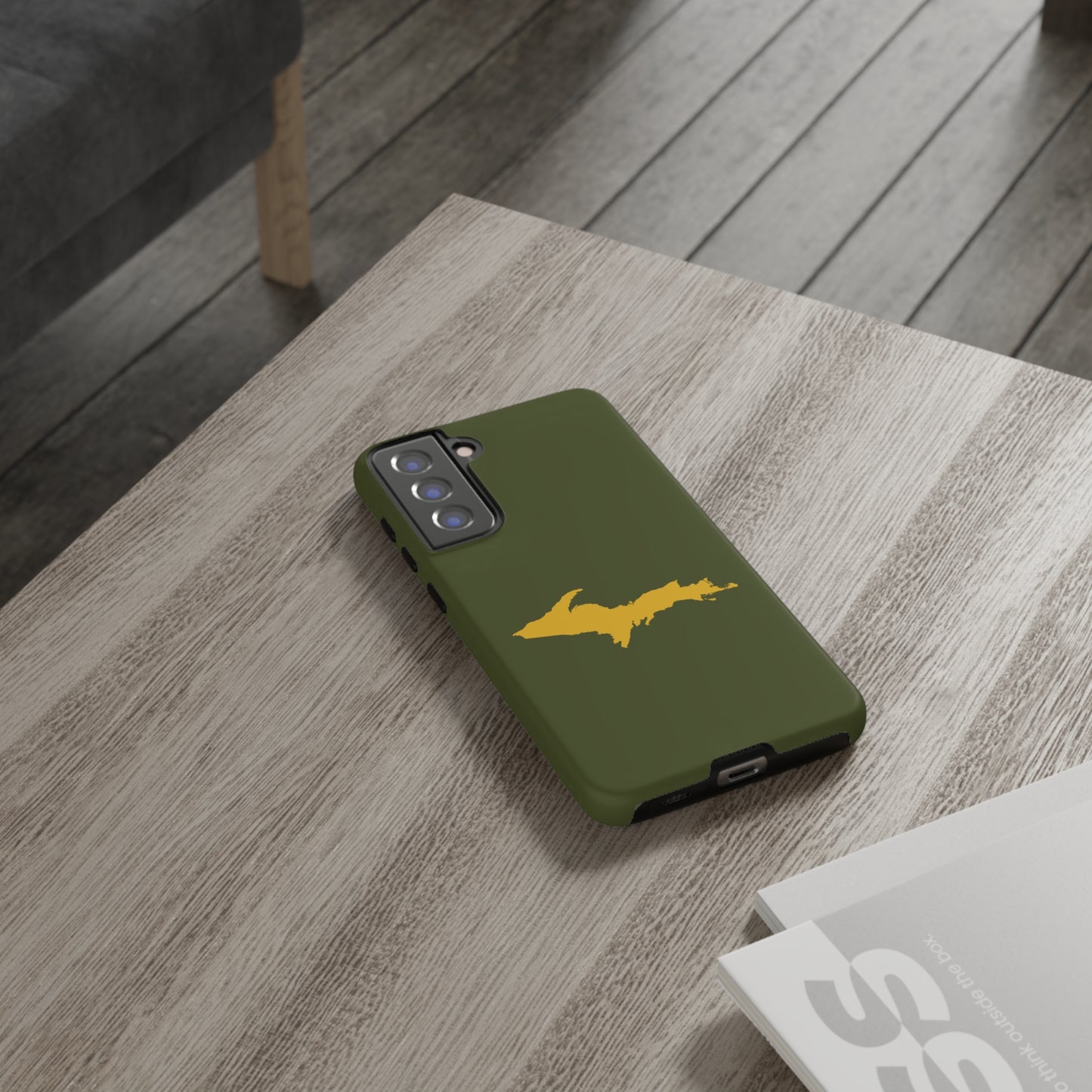 Michigan Upper Peninsula Tough Phone Case (Army Green w/ Gold UP Outline) | Samsung & Pixel Android