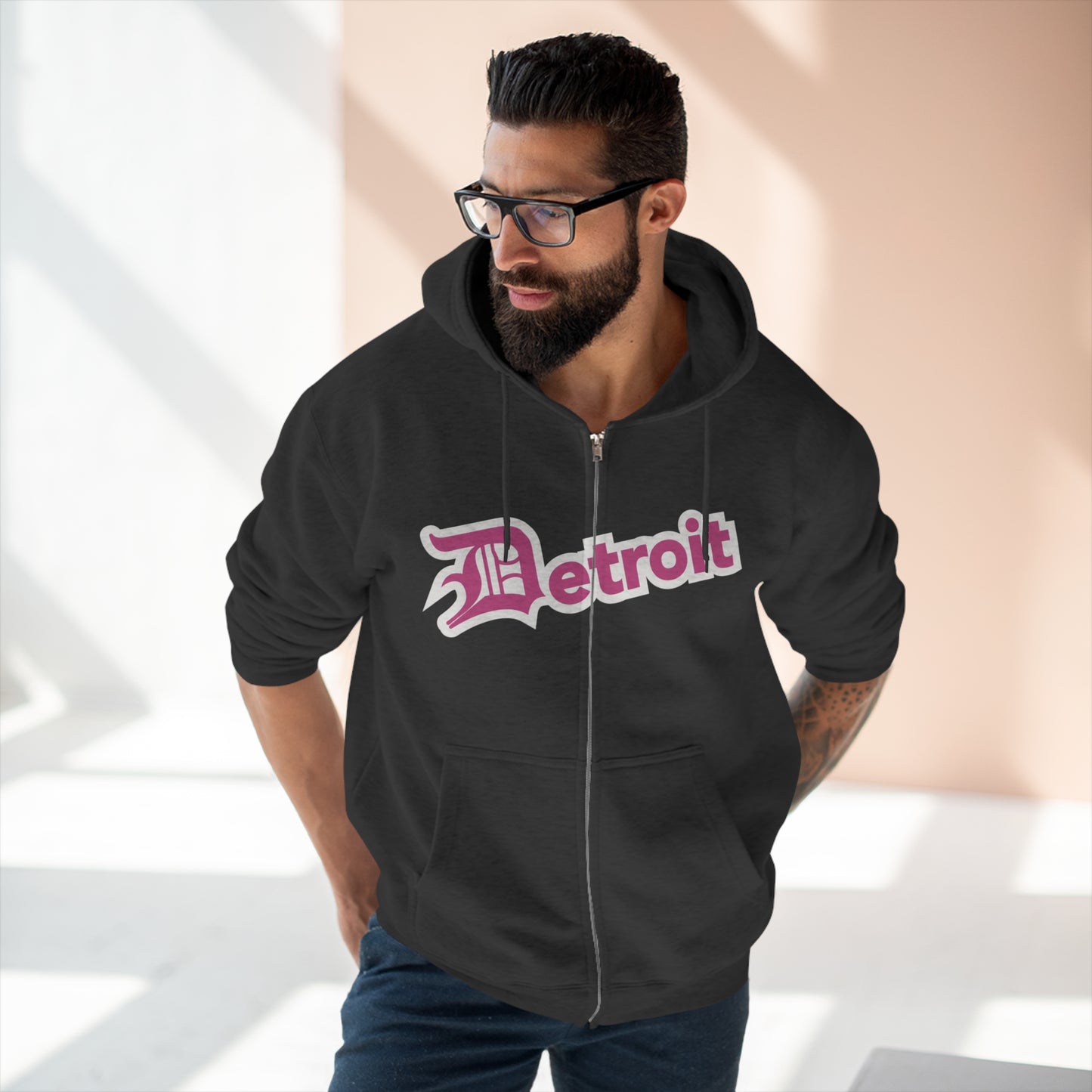 'Detroit' Hoodie (Apple Blossom Pink w/ Old English 'D') | Unisex Full Zip