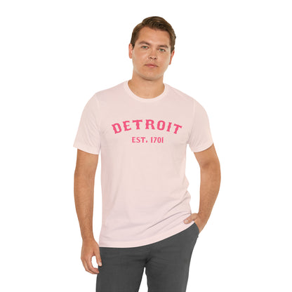 'Detroit EST. 1701' T-Shirt (Rhodochrosite Pink Ballpark Font) | Unisex Standard