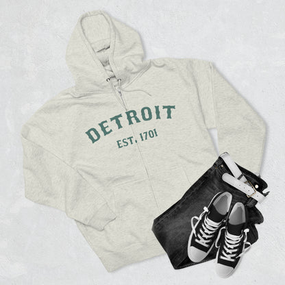 'Detroit EST. 1701' Hoodie (Copper Green Ballpark Font) | Unisex Full Zip