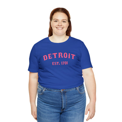 'Detroit EST. 1701' T-Shirt (Rhodochrosite Pink Ballpark Font) | Unisex Standard