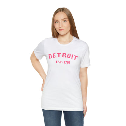 'Detroit EST. 1701' T-Shirt (Rhodochrosite Pink Ballpark Font) | Unisex Standard