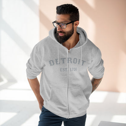 'Detroit EST. 1701' Hoodie (Silver Ballpark Font) | Unisex Full Zip