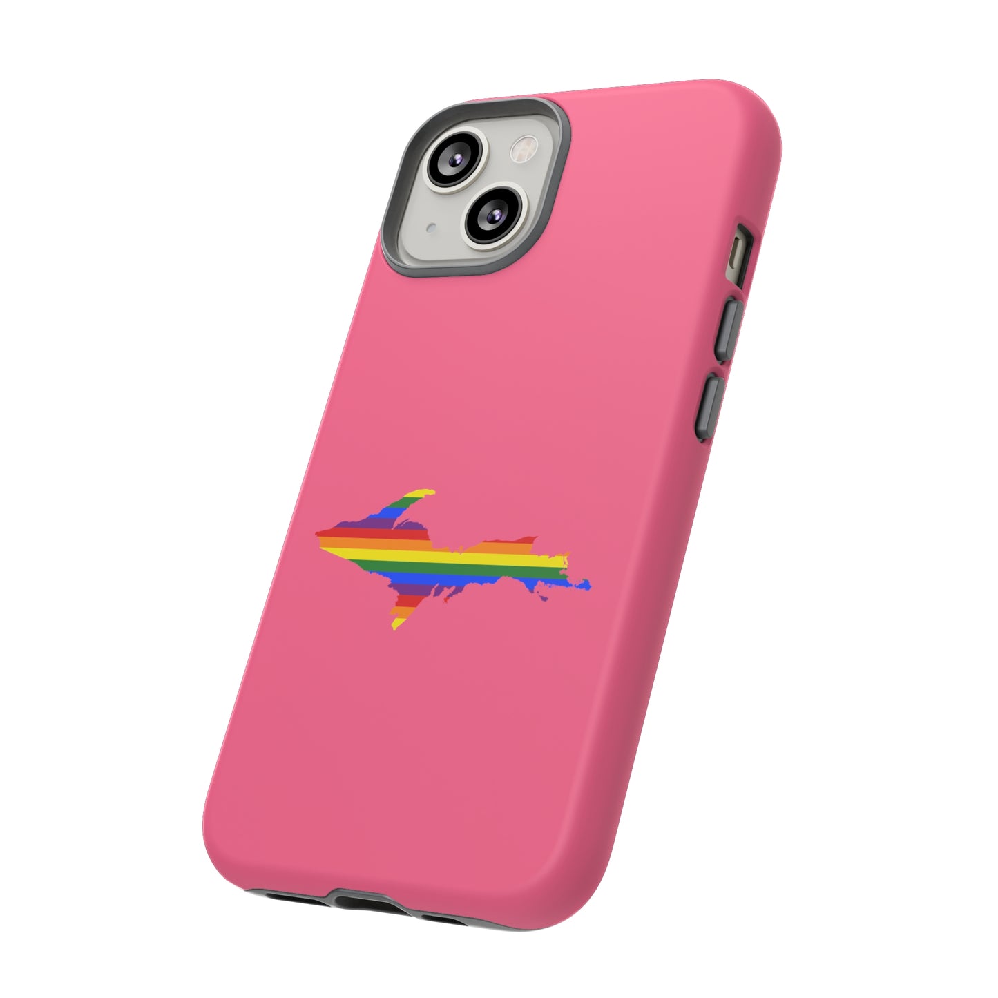 Michigan Upper Peninsula Tough Phone Case (Rhodochrosite Pink w/ UP Pride Flag Outline) | Apple iPhone