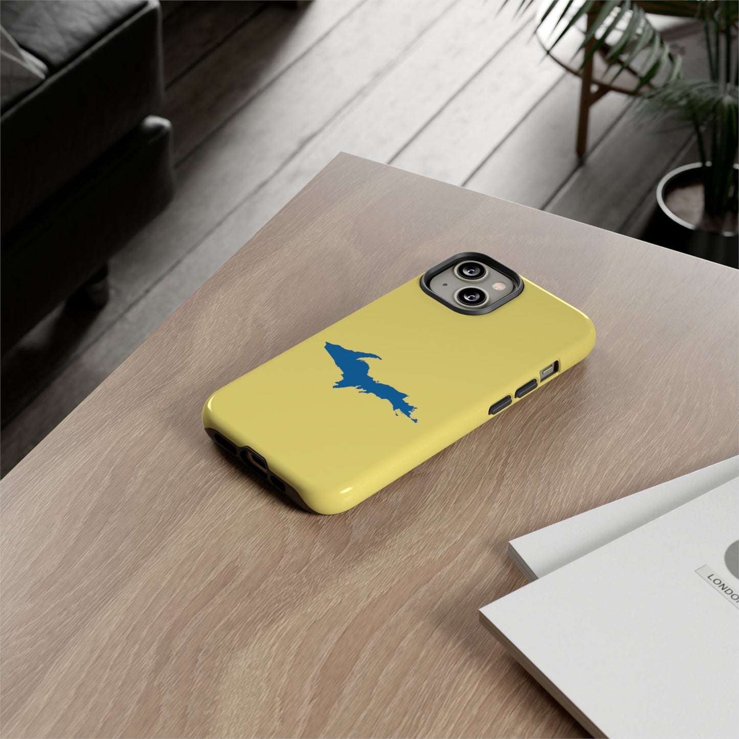 Michigan Upper Peninsula Tough Phone Case (Yellow Cherry Color w/ Azure UP Outline) | Apple iPhone