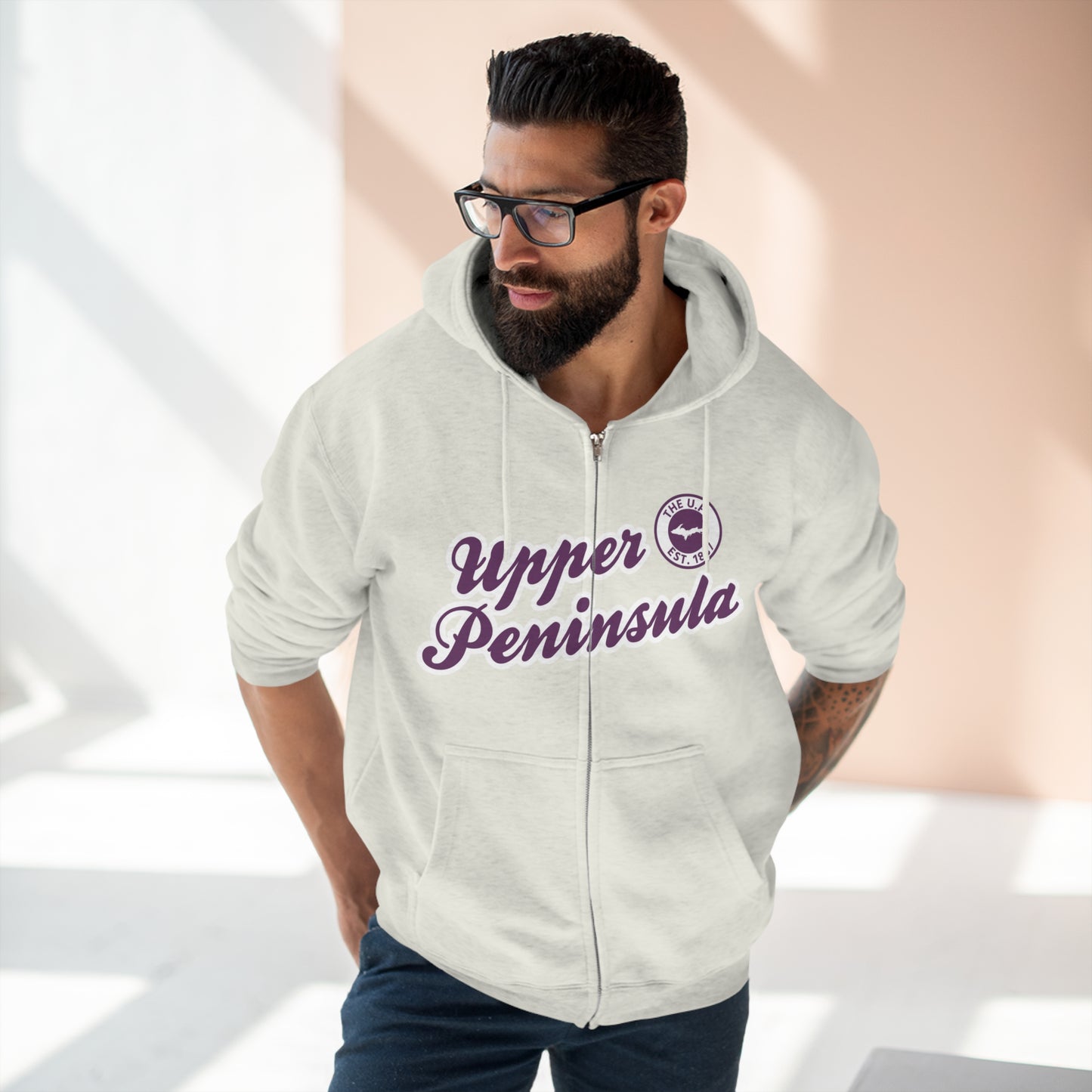 'Upper Peninsula EST 1837' Hoodie (Plum Script Font) | Unisex Full Zip