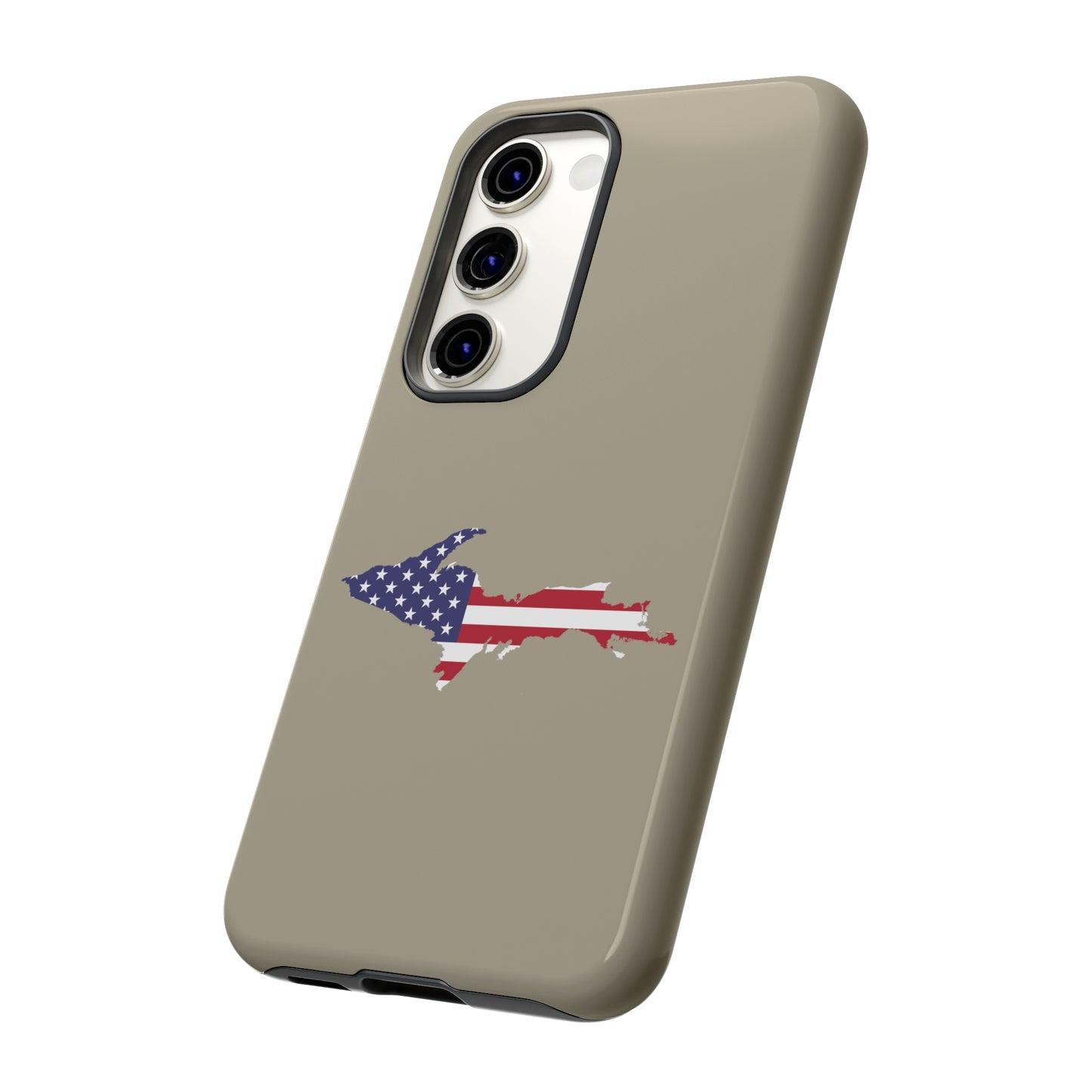 Michigan Upper Peninsula Tough Phone Case (Petoskey Stone Beige w/ UP USA Flag Outline) | Samsung & Pixel Android