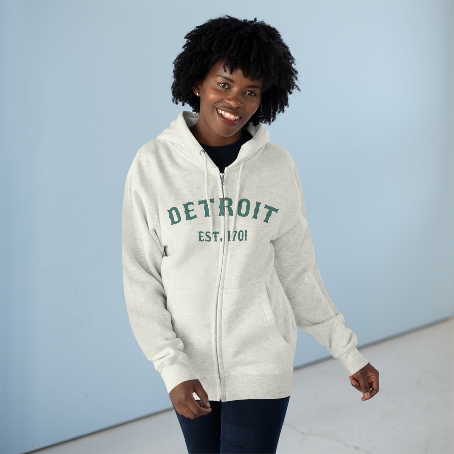 'Detroit EST. 1701' Hoodie (Copper Green Ballpark Font) | Unisex Full Zip